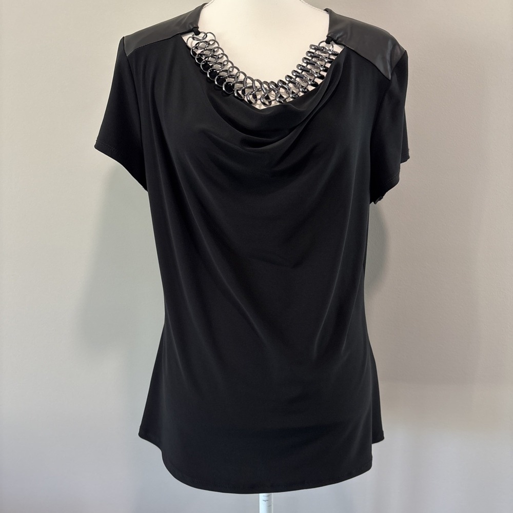 FRANK LYMAN size 18 Black Stretch Jersey Cowlneck Top metal faux leather